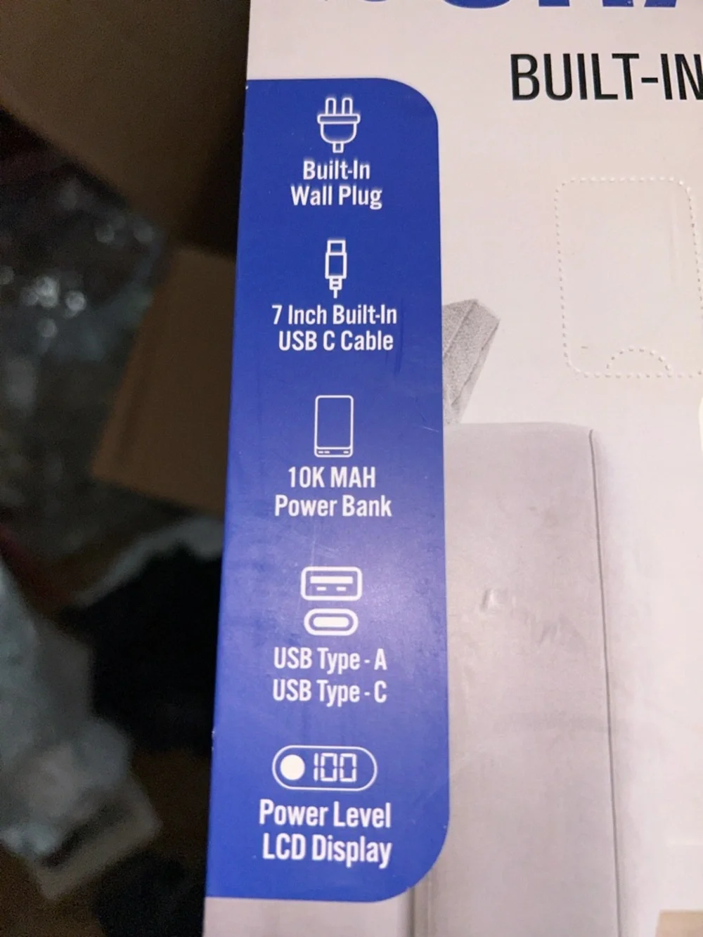 Portable Charger Power Bank with Built-In Cable and Wall Plug - Silver